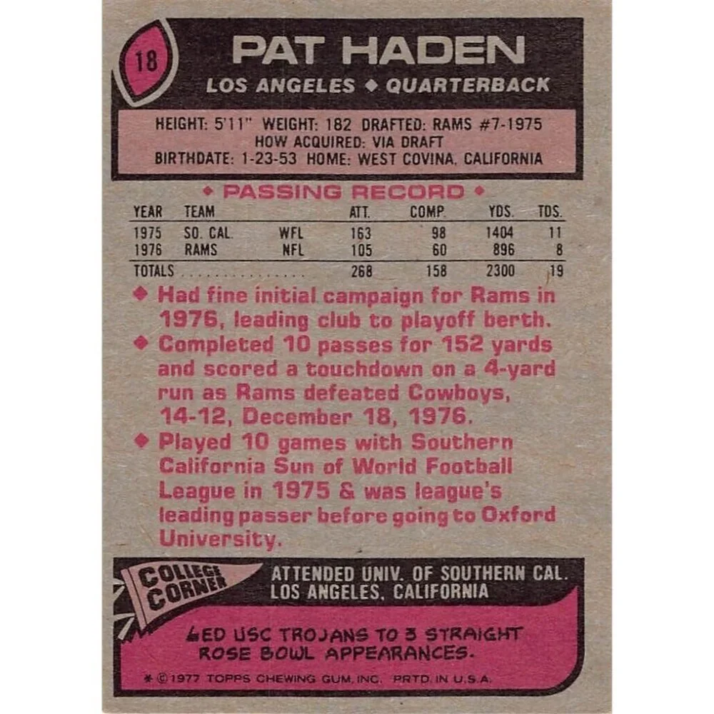 1977 Topps Football Pat Haden  #18 LOS ANGELES RAMS Rookie